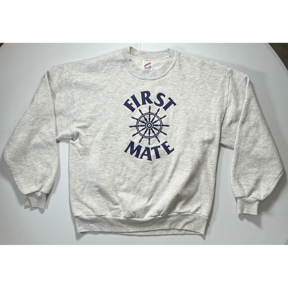 VTG USA Made Russell First Mate Sweatshirt Mens L Grey Nautical Sailing Coastal